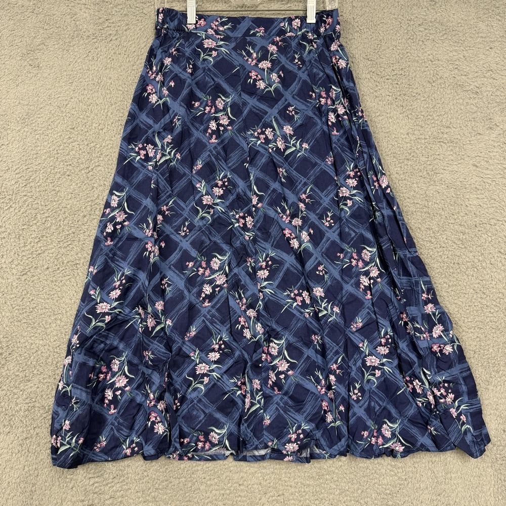 Jantzen Classics‎ Skirt Womens 10 Blue Button Front A-Line Midi Floral Rayon - Picture 2 of 10